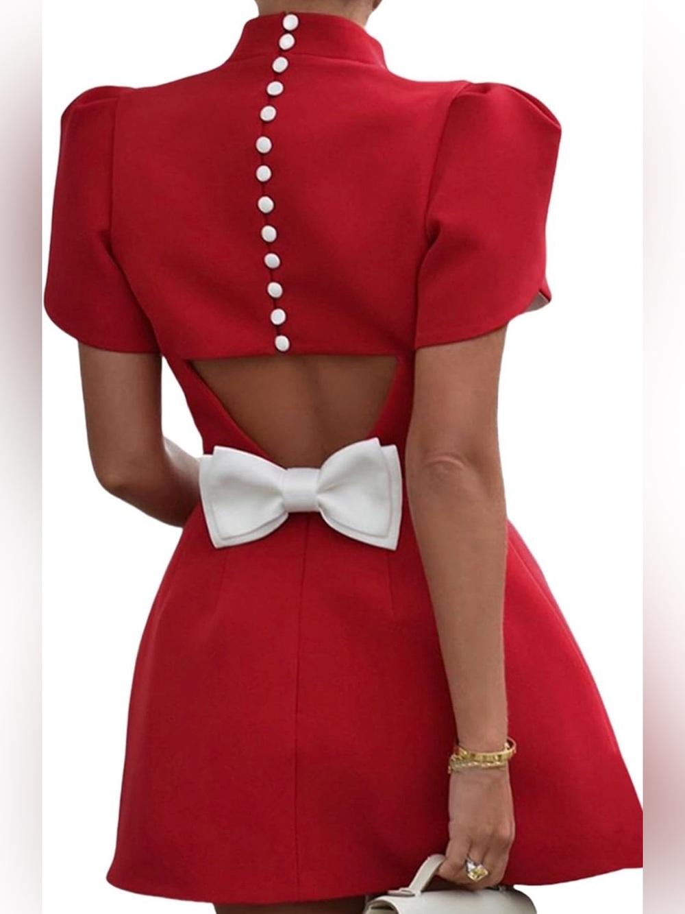 Ampossto Red Backless Bow Mini Dress with Button-Trim Detail